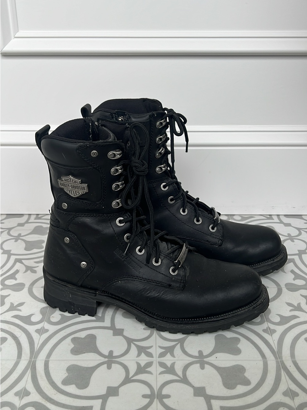 Harley-Davidson Black Leather Lace-Up Combat Boots